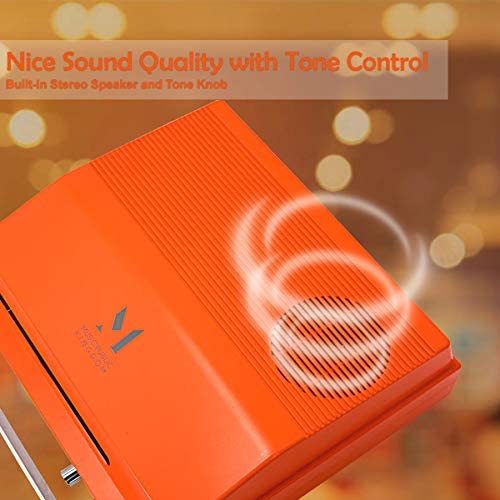 Portable Vintage Record Player for 7-inch Vinyl Orange 2-Speed Bluetooth Turntable with Tone Control Speaker Rechargeable Battery