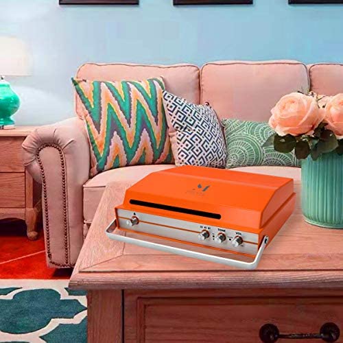 Portable Vintage Record Player for 7-inch Vinyl Orange 2-Speed Bluetooth Turntable with Tone Control Speaker Rechargeable Battery